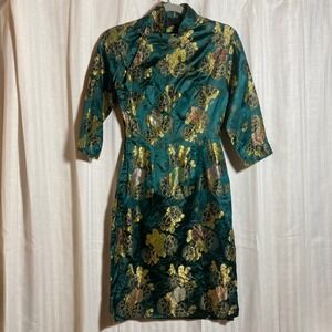 Vintage Green Gold Floral Satin Brocade Cheongsam Qipao Dress Mandarin Collar XS